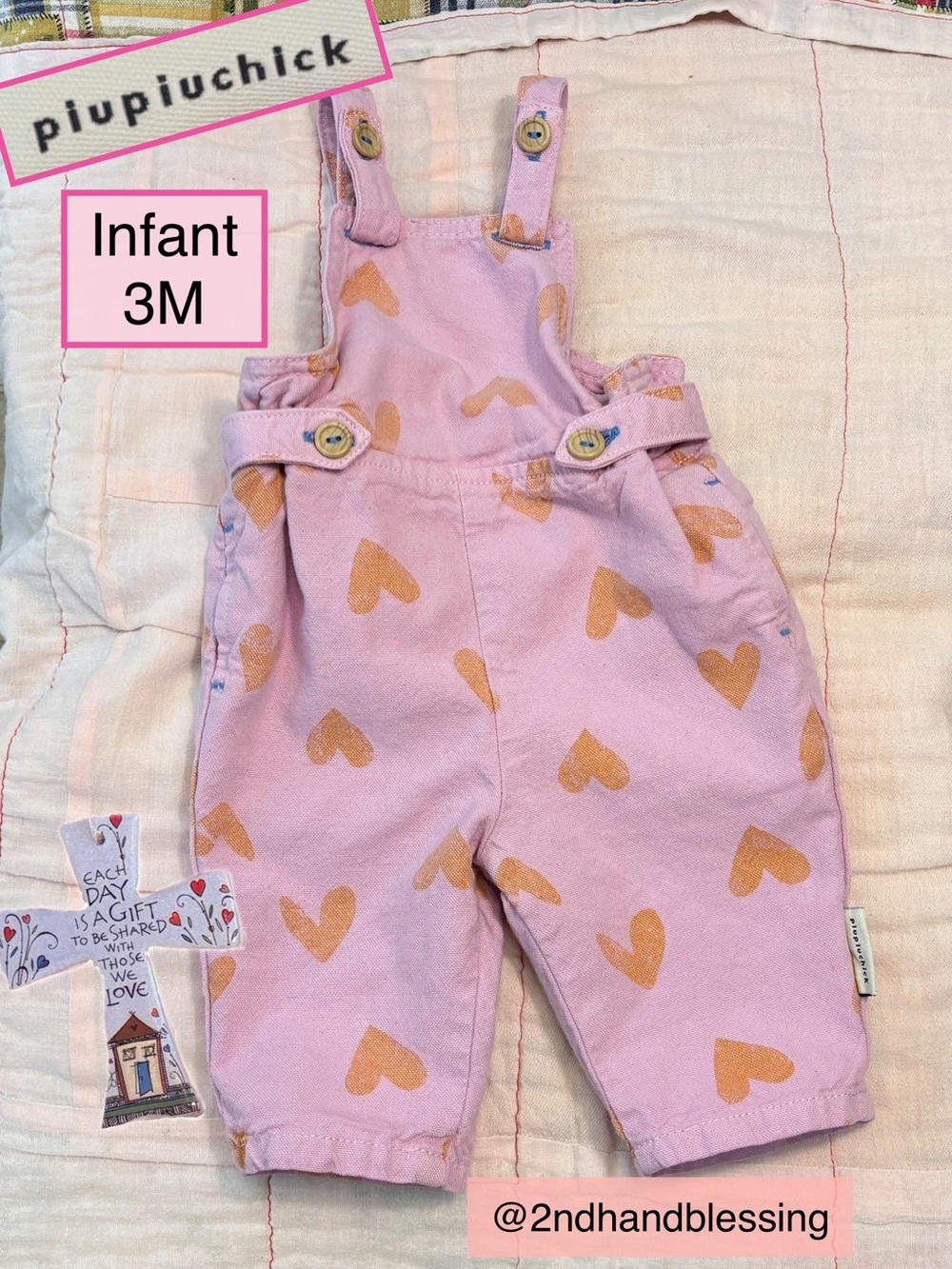 Piupiuchick Pink Heart Print Infant Overalls 3M, 100% Organic Cotton, Pockets